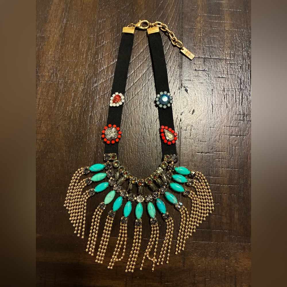 Unique Tova Turquoise, Red, Gold, Blue, Grey Fringe Necklace